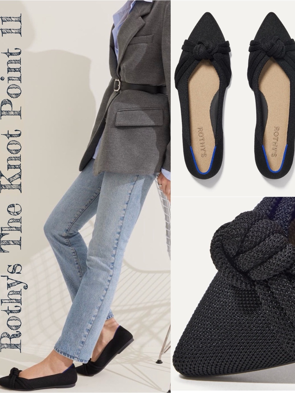 Rothy's Black Pointed Knit Flats with Knot Detail